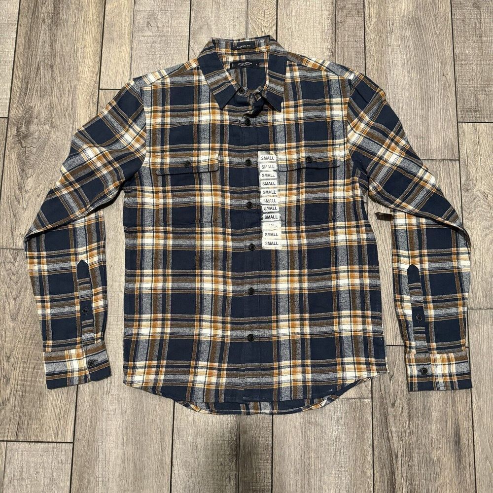 New Lucky Brand Mens Long Sleeve Button Up Flannel Shirt Navy Yellow Plaid Sz S